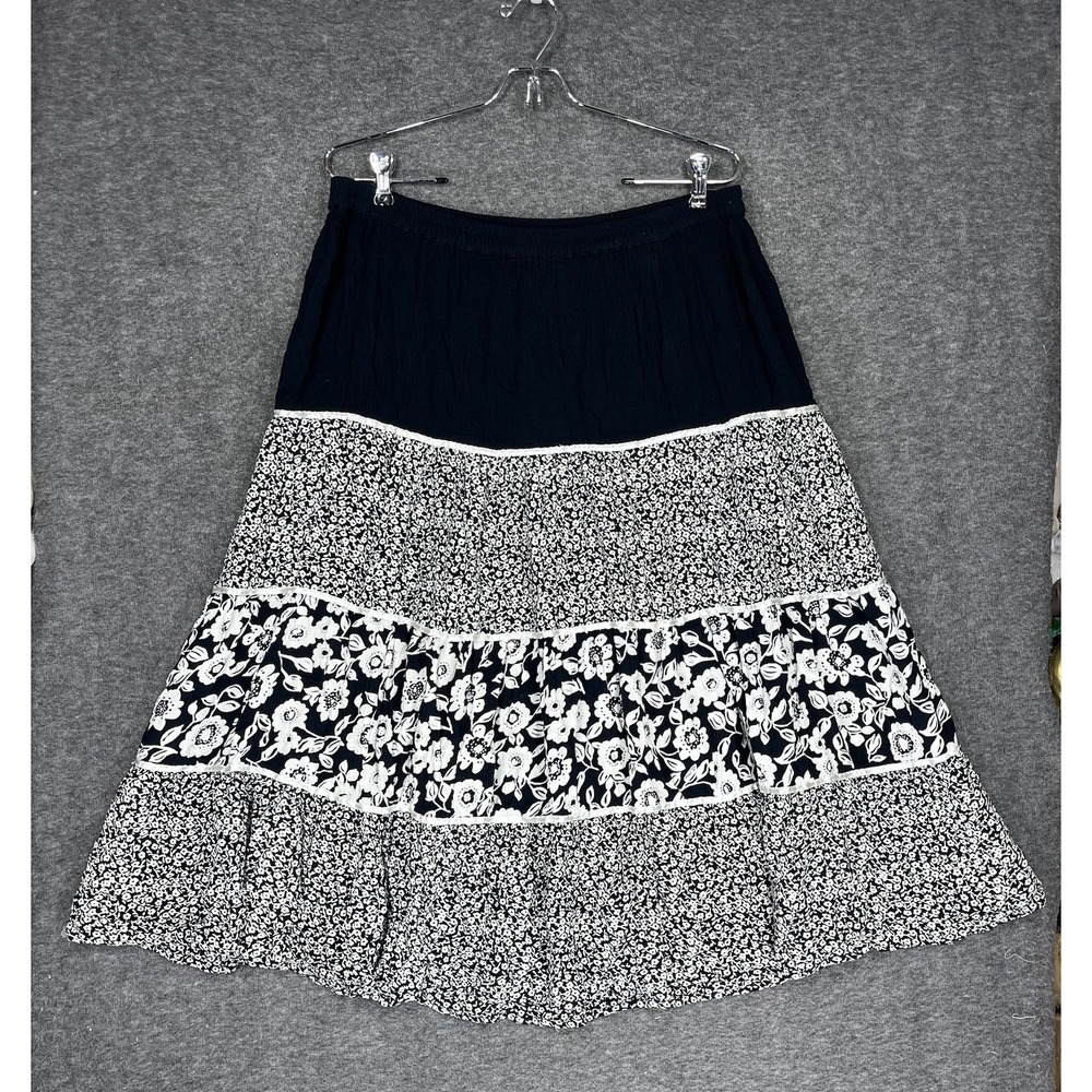 Vintage Cathy Daniels Peasant Skirt Size M Black White Floral Tiered Midi Boho - Picture 1 of 14